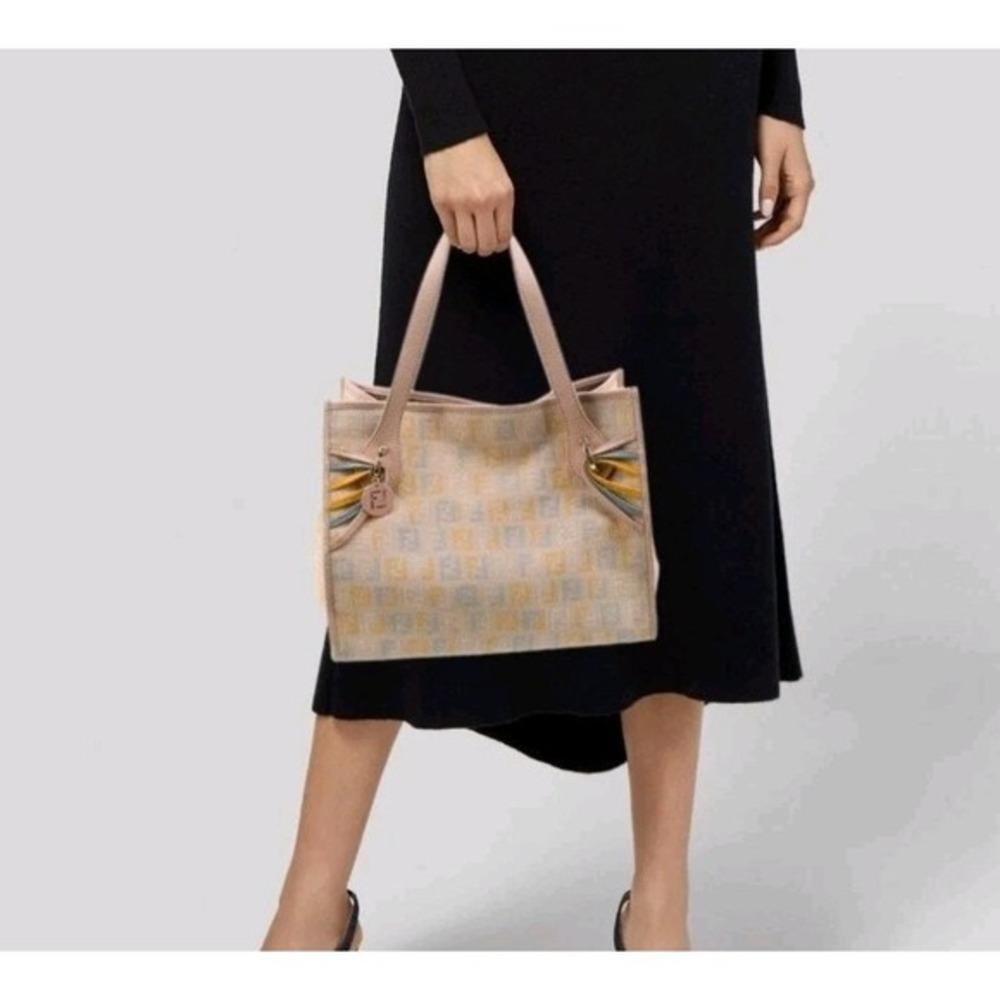 FENDI Zucchino Canvas Small  Shopping Handbag Tote Beige Blue Yellow Dustbg Rare - Picture 3 of 17